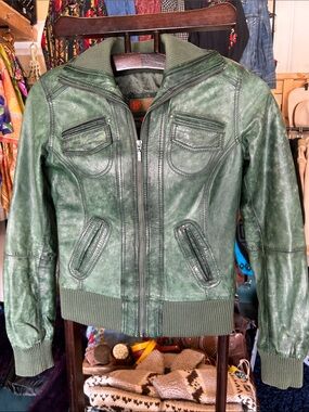 Womens Green Leather Bomber Jacket with Ribbed Trim
